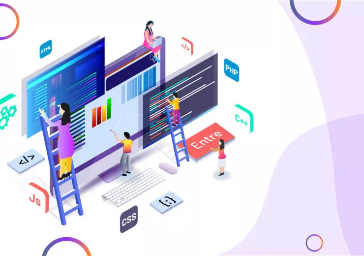 Miniature web developer maintaining the website or analyst analysis data. Isometric design for teamwork or Web Developing concept.