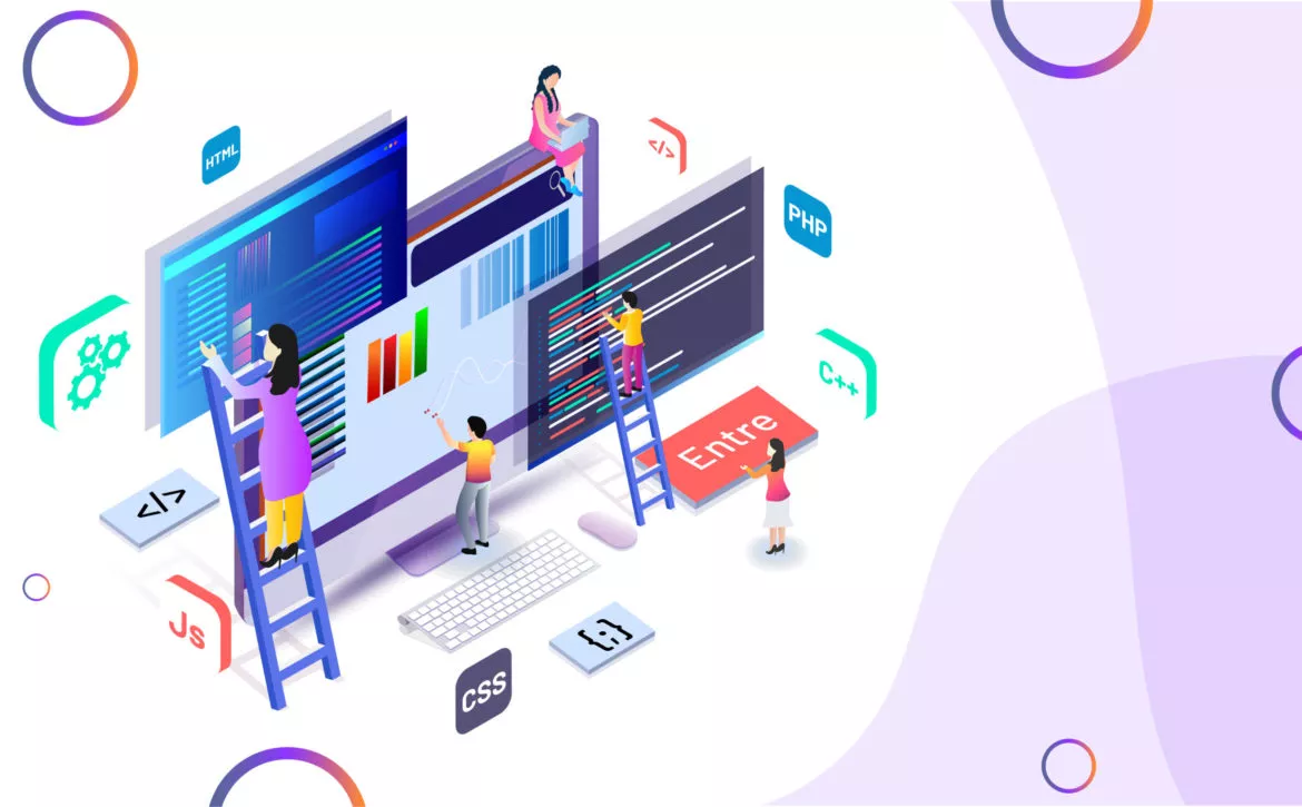Miniature web developer maintaining the website or analyst analysis data. Isometric design for teamwork or Web Developing concept.