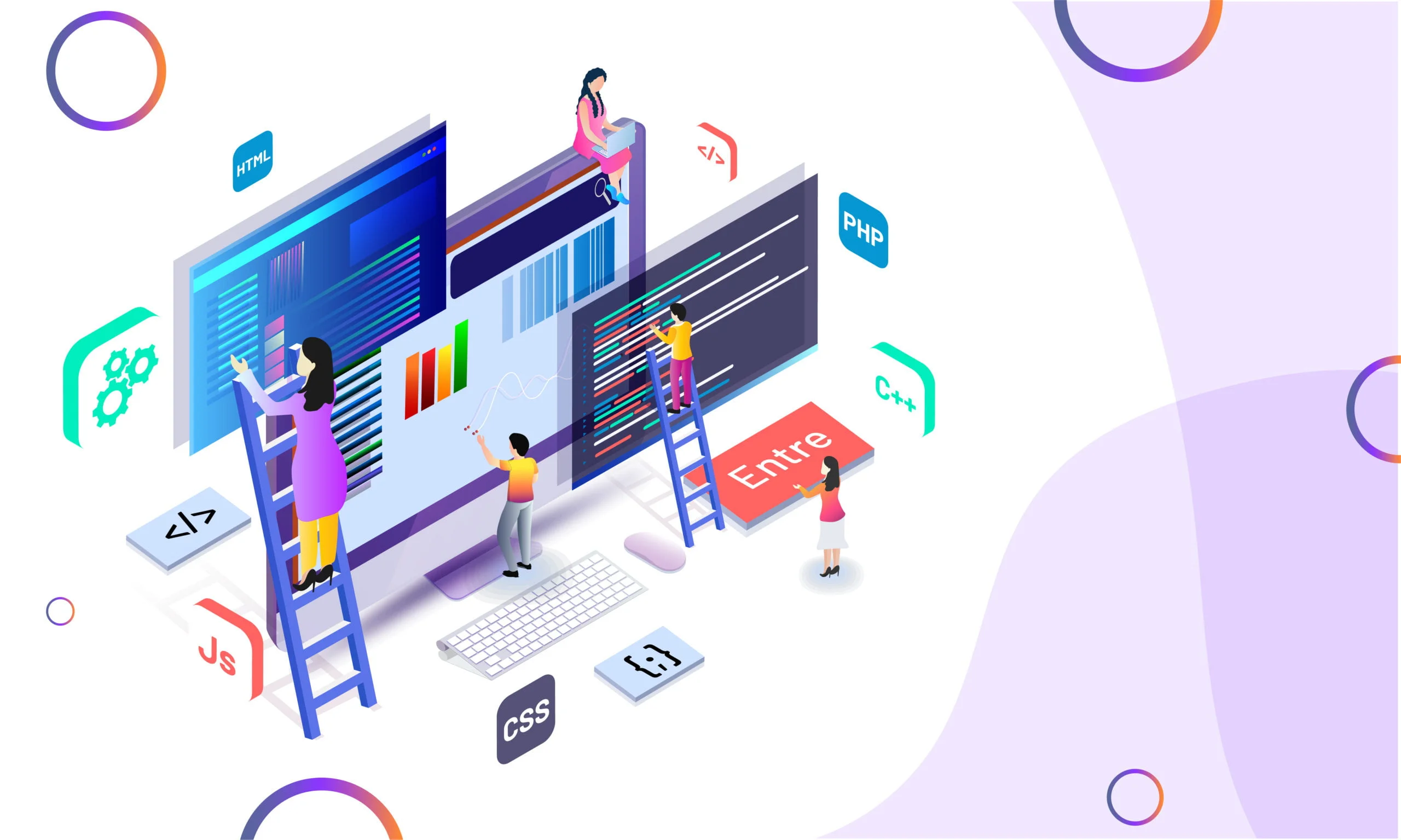 Miniature web developer maintaining the website or analyst analysis data. Isometric design for teamwork or Web Developing concept.